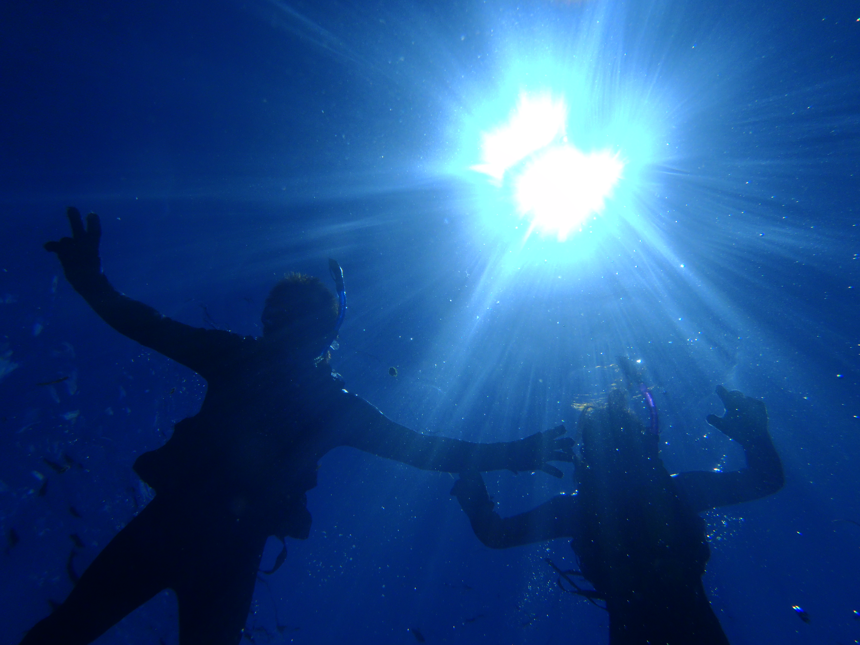 沖縄の青の洞窟で透き通った海の中をシュノーケリング