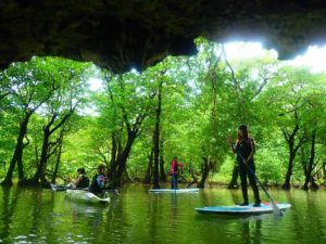 宮良川の上流にある洞窟でＳＵＰを楽しむ参加者