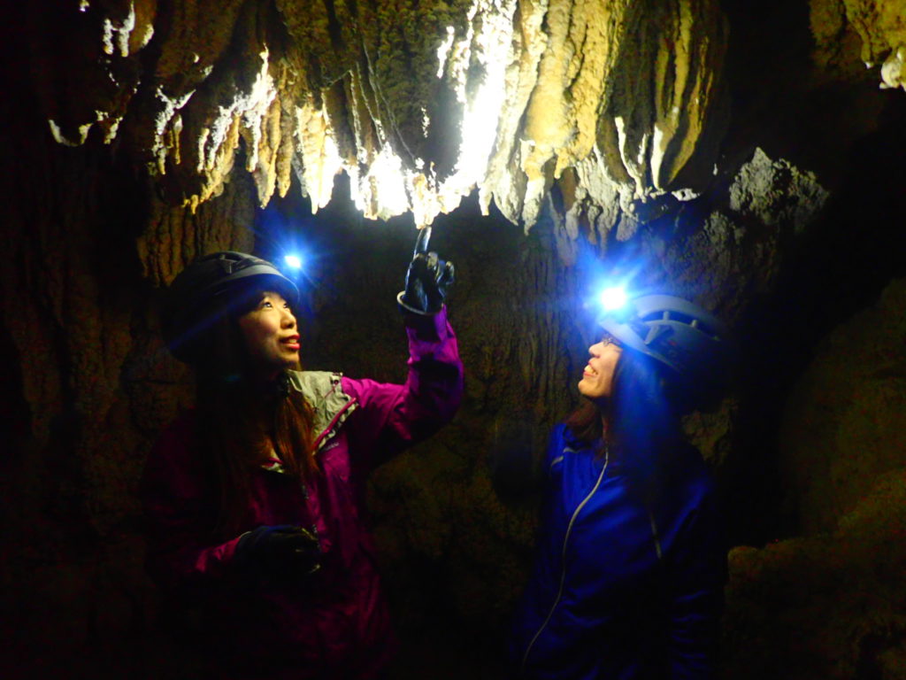 鍾乳洞の中の鍾乳石を観察する女性たち