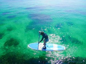 小浜島の透明な海でＳＵＰをする女性