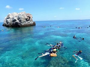 小浜島の美しい海でシュノーケリングをする人たち