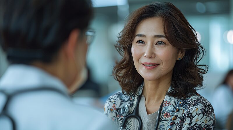 診断書をもらい笑顔の日本人中年女性
